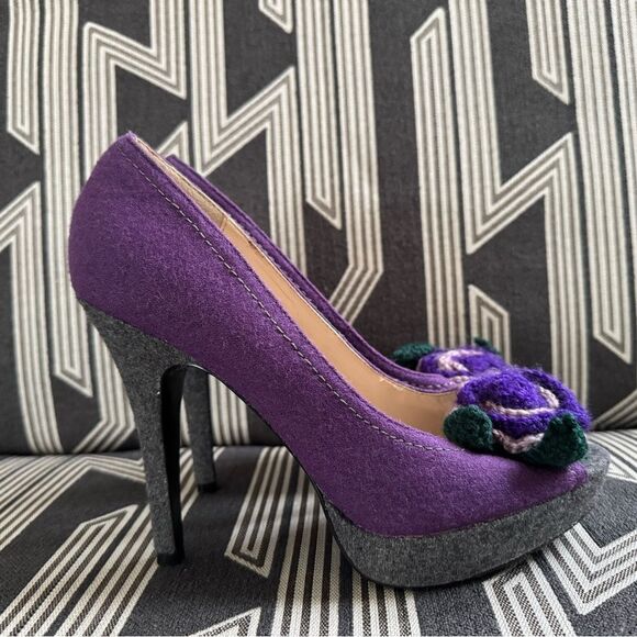 Primadonna Vera Pelle Purple Felt Wool Crochet Floral Peep Toe Pumps Size 10 - Picture 8 of 16